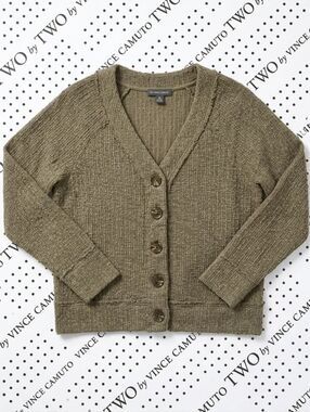 ​TWO by Vince Camuto Olive Green Textured V-Neck Cardigan